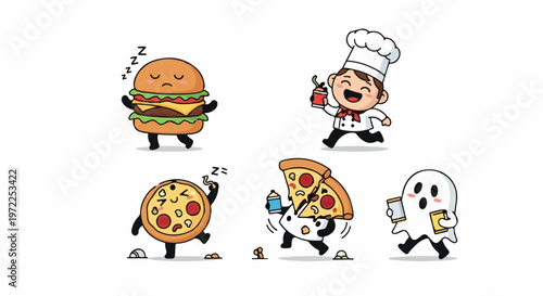 Whimsical Food Characters - Burger, Pizza, Chef, and Ghost in Playful Illustrations.