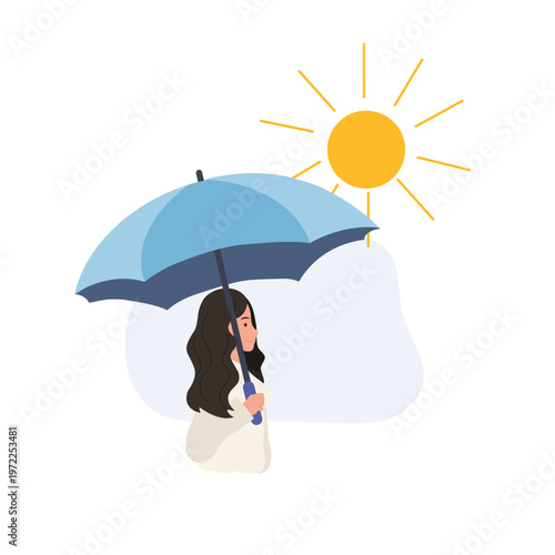 woman holding umbrella under strong sun outdoors during summer to represent heat protection and lifestyle adaptation in hot weather conditions