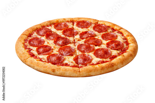 Delicious pepperoni pizza whole round isolated on transparent background Italian fast food