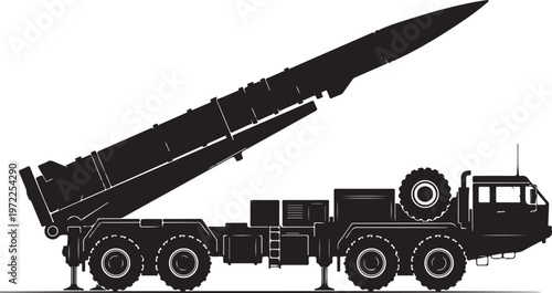 Missile Launcher Truck, Military Vehicle, Defense Equipment, Black Vector Illustration