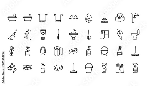 Elegant hygiene outline icons set bathroom cleaning and sanitation symbols premium line vector isolated on white