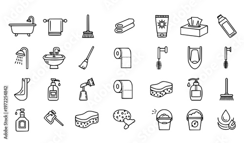 Modern hygiene and cleaning outline icons collection bathroom sanitation tools vector isolated on white