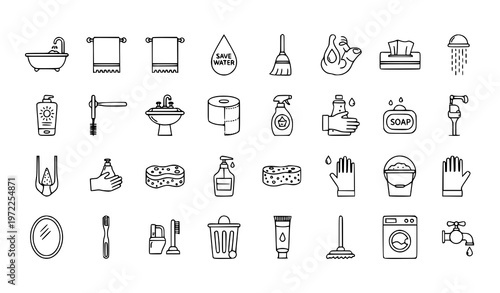 Hygiene outline icons set with cleaning bathroom and sanitation symbols minimal line vector isolated on white