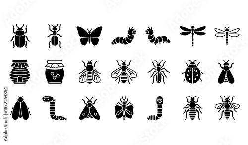 Elegant filled insect icons set with butterfly bee beetle and bug silhouettes premium vector isolated on white