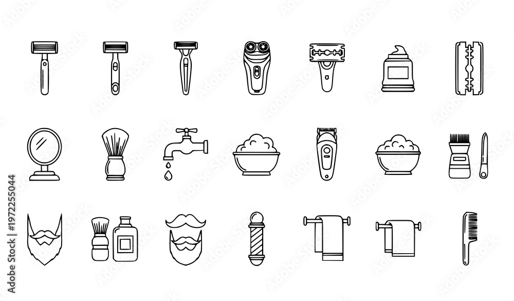 Fototapeta premium Razor outline icons set with shaving tools grooming and barber symbols minimal vector isolated on white