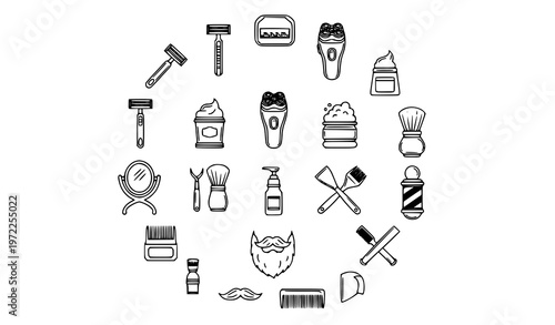 Elegant razor outline icons set with shaving tools and barber grooming symbols premium vector isolated on white