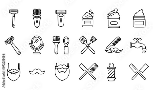 Modern razor and grooming icons collection shaving tools barber symbols outline vector isolated on white