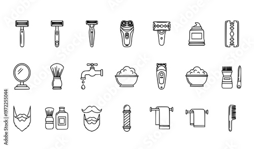 Razor outline icons set with shaving tools grooming and barber symbols minimal vector isolated on white