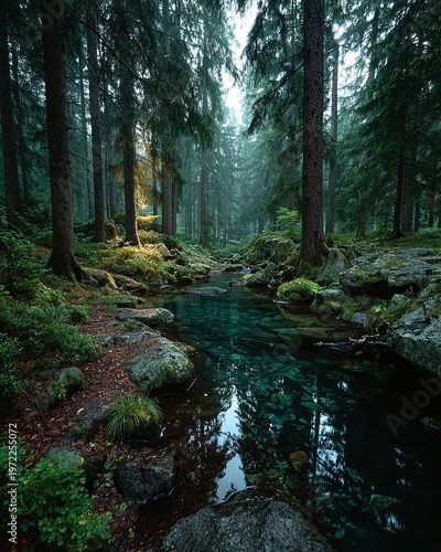 A serene forest scene with a stream flowing through tall trees and rocks in a natural landscape.