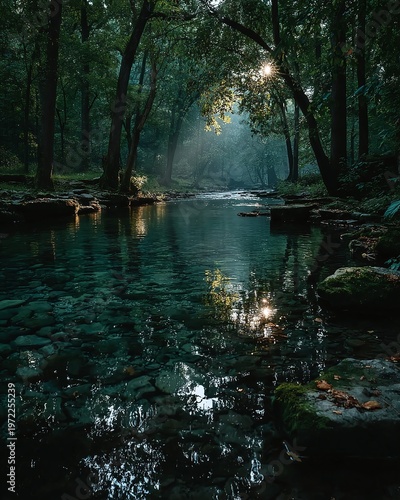 Misty morning sunlight filters through trees beside a serene forest river with rocks