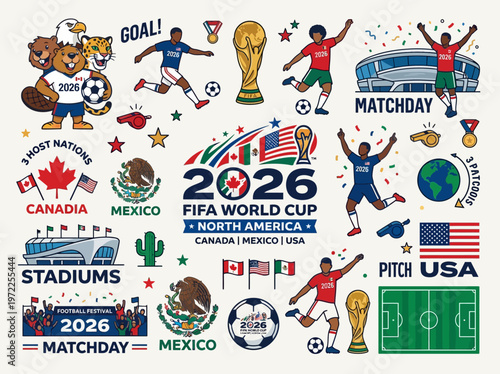 Vibrant collection of illustrations for the 2026 North American soccer tournament, featuring players, mascots, stadiums, and national flags.