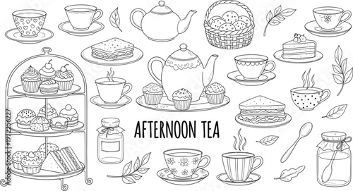Afternoon tea set illustration with teapot cups cakes sandwiches desserts vintage style hand drawn vector design collection