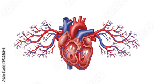 Detailed anatomical illustration of a human heart with branching arteries and veins against a white background