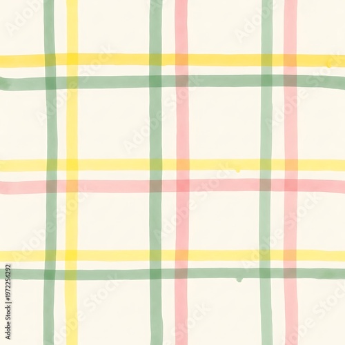 Soft pastel plaid pattern with yellow, green, and pink stripes on a cream background