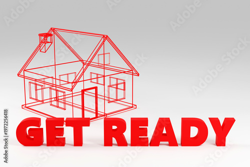 Luxury inscription Ready on grey podium with tiny houses, soft light, smooth background, 3d render illustration
