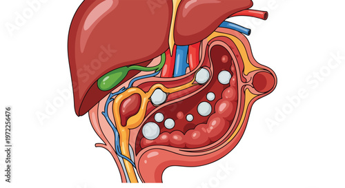 Detailed anatomical illustration of the human liver, gallbladder, stomach, and pancreas showing gallstones