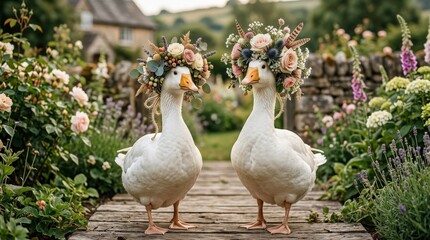 Two cute white geese wearing decorative headdresses, elegant whimsical portrait with soft natural light, photorealistic feathers and floral accessories, charming countryside atmosphere, 8K,no logos