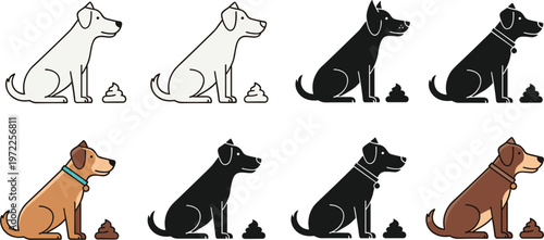 Dog icon set, sitting dog illustration, poop symbol vector, pet silhouette collection, flat and outline styles, cartoon dog icons, animal graphic design