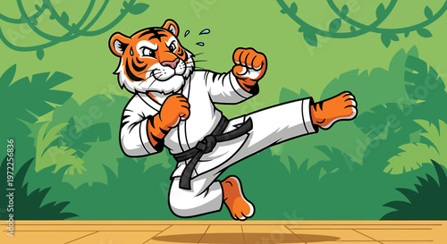 Tiger in karate uniform kicking high.