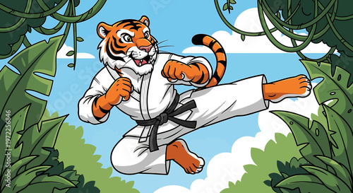 Tiger in karate uniform kicking high.