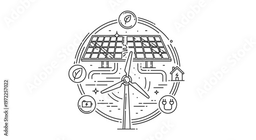 Clean energy sources illustration solar panels wind turbine icons on white