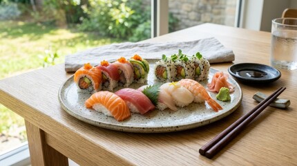 A sushi lunch scene in daylight, artfully arranged rolls, fresh fish, rice texture, minimal table styling, natural light, photorealistic food photography, crisp detail, ultra-detailed, 8K,no logos