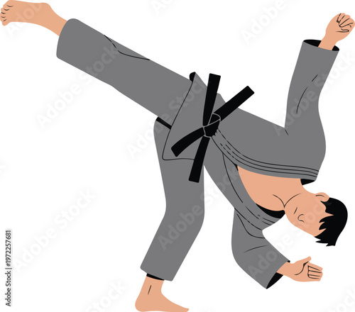 Minimalist martial arts illustration of practitioner performing high kick in gray gi with black belt dynamic action vector design