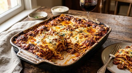 Italian five cheese lasagna, bubbling layers, golden crust, rich sauce, hearty comfort food styling, photorealistic food photography, warm natural light, ultra-detailed, 8K,no logos