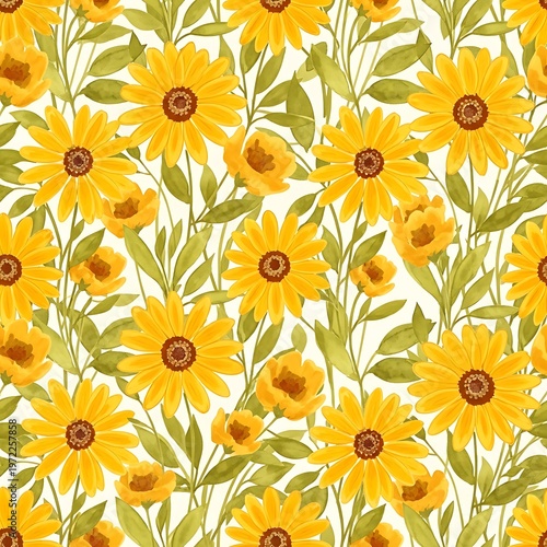 A vibrant and cheerful seamless pattern of yellow sunflowers and green leaves, perfect for floral designs and nature-inspired themes