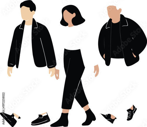 Flat monochrome illustration of stylish people in different poses with loafer sneaker and ankle boot fashion concept