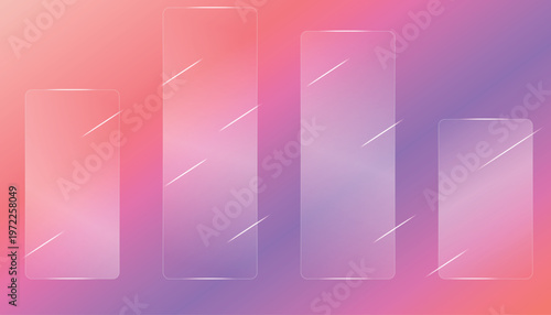 Four translucent rectangles with diagonal light streaks on gradient background