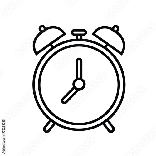 A simple black and white illustration of an alarm clock ringing loudly