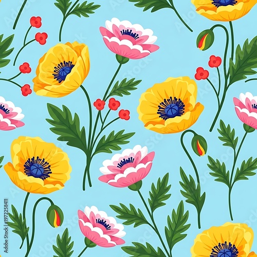 Seamless pattern of yellow and pink poppies with green leaves and red berries on a light blue background