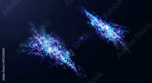 Abstract blue and purple glowing digital particle clusters against a dark black background.