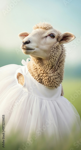 Close-up portrait of a sheep wearing a white dress in a green field with a soft focus and warm lighting.