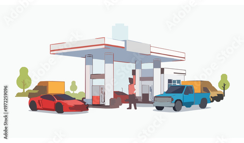 Busy Fuel Station Cartoon Vector Scene with Cars, Attendant Filling Gasoline and Diesel and Customers in Modern Flat Design