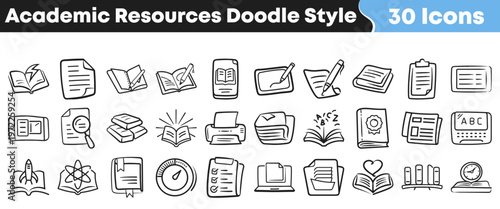 A comprehensive collection of hand-drawn academic resources and learning icons in a charming doodle style, perfect for education and study materials.