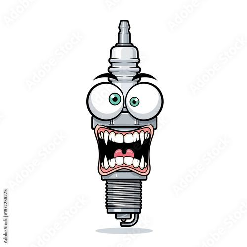 A cartoon spark plug with exaggerated teeth and large eyes is depicted on a white background