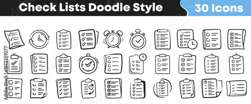Diverse collection of hand drawn checklist icons featuring various document styles and time management elements for professional project planning tasks