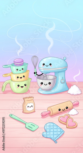 Whimsical kitchen scene with smiling baking tools and appliances on a pastel-colored wooden countertop against a soft gradient background.