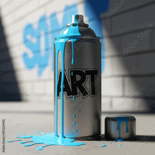 Street artist's spray can drips blue paint on urban wall with graffiti
