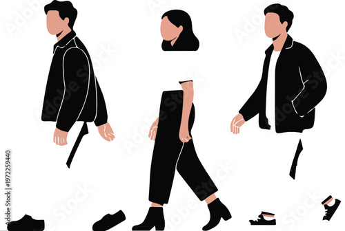 Flat monochrome illustration of stylish people in different poses with loafer sneaker and ankle boot fashion concept