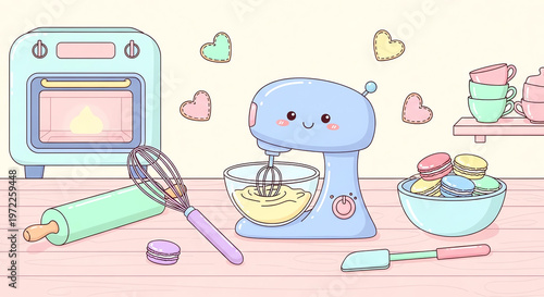 Whimsical illustration of a blue kitchen mixer with a bowl of batter surrounded by baking utensils and cupcakes on a pink countertop with a pastel-colored oven and hearts in the background.