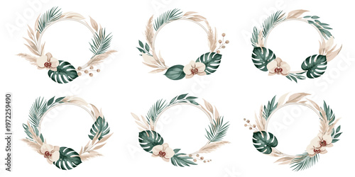 Tropical Boho Floral Wreath Collection with Monstera Leaves, Pampas Grass and Orchid Flowers for Wedding Invitations, Branding, Summer Designs, and Elegant Decorative Templates