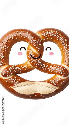 A smiling pretzel with a face and sesame seeds on a plain white background, conveying a cheerful mood with a playful and cartoonish style.