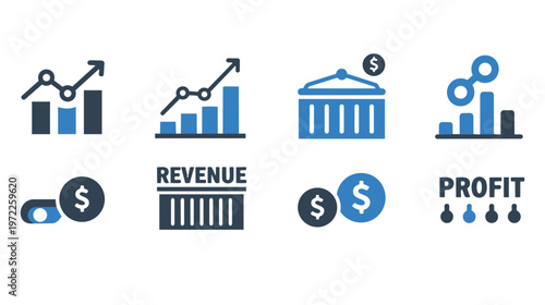 Financial icons depicting business growth, revenue, and profit in a modern office setting with graphs and charts