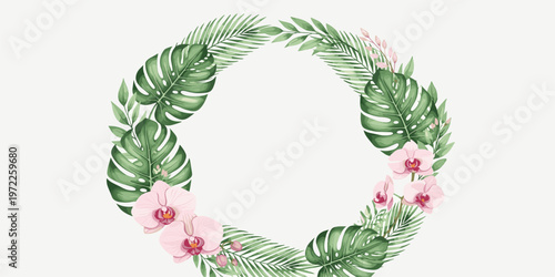 Tropical Floral Wreath with Monstera Leaves, Palm Foliage and Pink Orchid Flowers for Summer Wedding Invitations, Exotic Branding, Nature Designs, and Decorative Templates