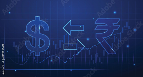Currency exchange concept showing dollar to rupee conversion with financial growth chart vector poster