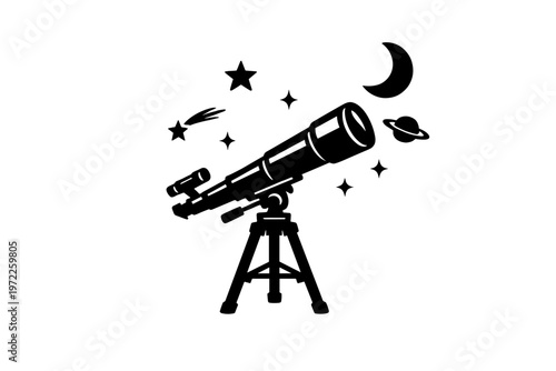 Silhouette of telescope with celestial bodies and stars