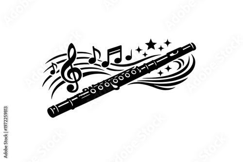 Flute with musical notes and stars in decorative black and white design